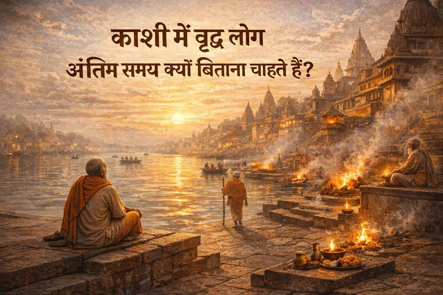 काशी में वृद्ध व्यक्ति गंगा किनारे ध्यान करते हुए