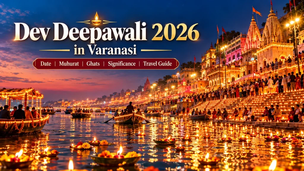 Dev Deepawali 2026 in Varanasi with glowing diyas illuminating the Ganga ghats at night
