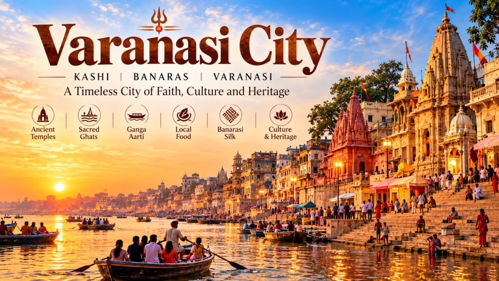 Varanasi City with the Ganga River, historic ghats, temples and boats at sunset