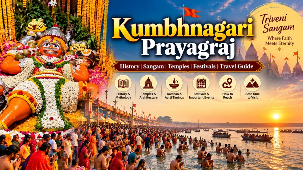 Kumbhnagari Prayagraj featuring Hanuman Ji and pilgrims at Triveni Sangam